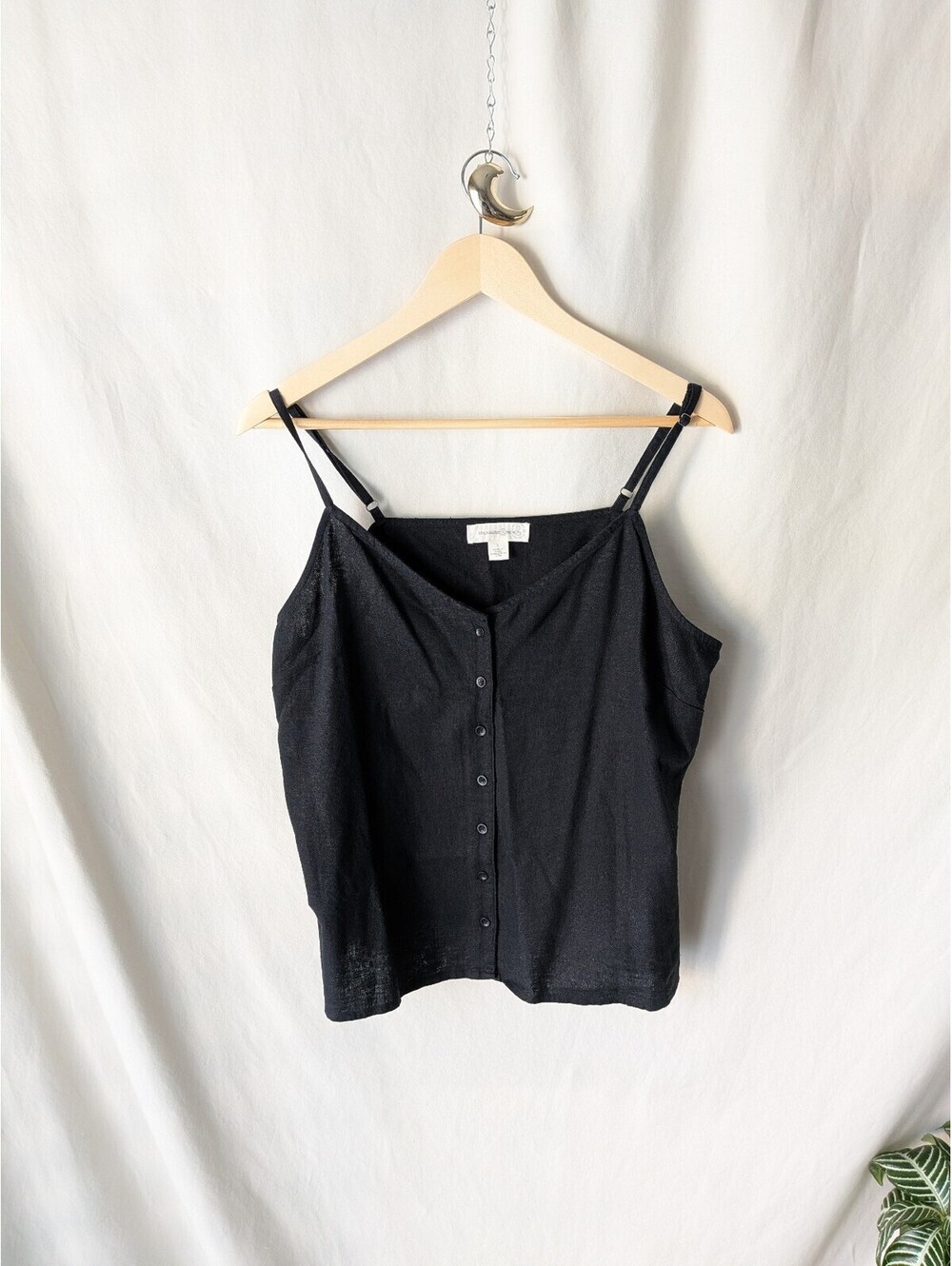 Women's Black Linen Rayon Button-Up Camisole Tank Top Size L